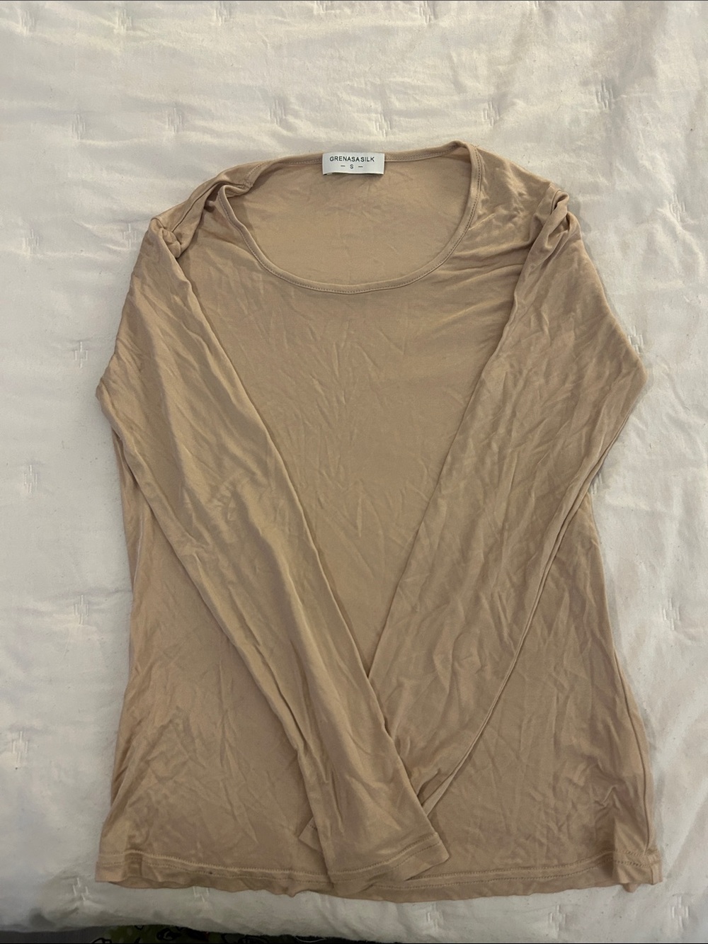 Grenasilk Long Sleeve Scoop Neck Top - Beige
